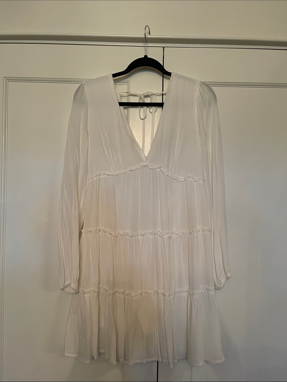 White V-Neck Tiered Long-Sleeve Dress